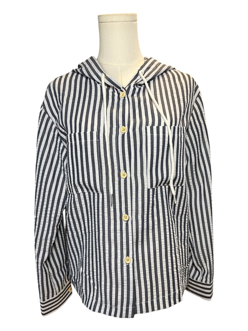 NWOT grayish blue & white striped hooded button-up shirt jacket | size S - Picture 1 of 10
